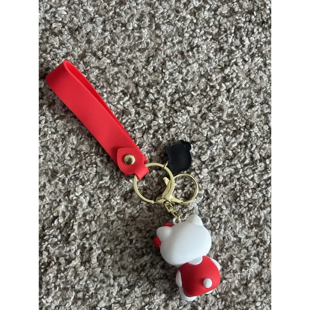 Hello Kitty Red & White Keychain Keyring w/ Plastic & Metal Figure Charm